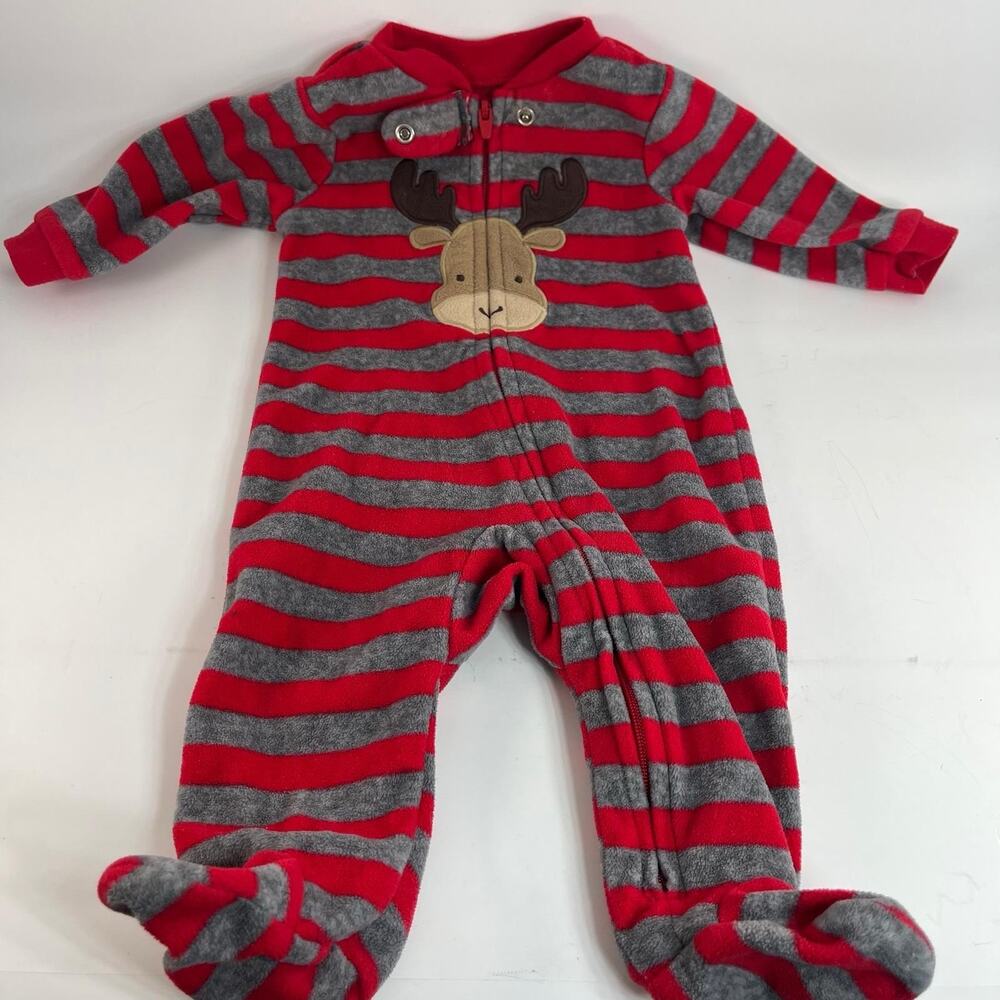 Carters Baby Sleeper 0-3M Red Gray Striped Reindeer Fleece